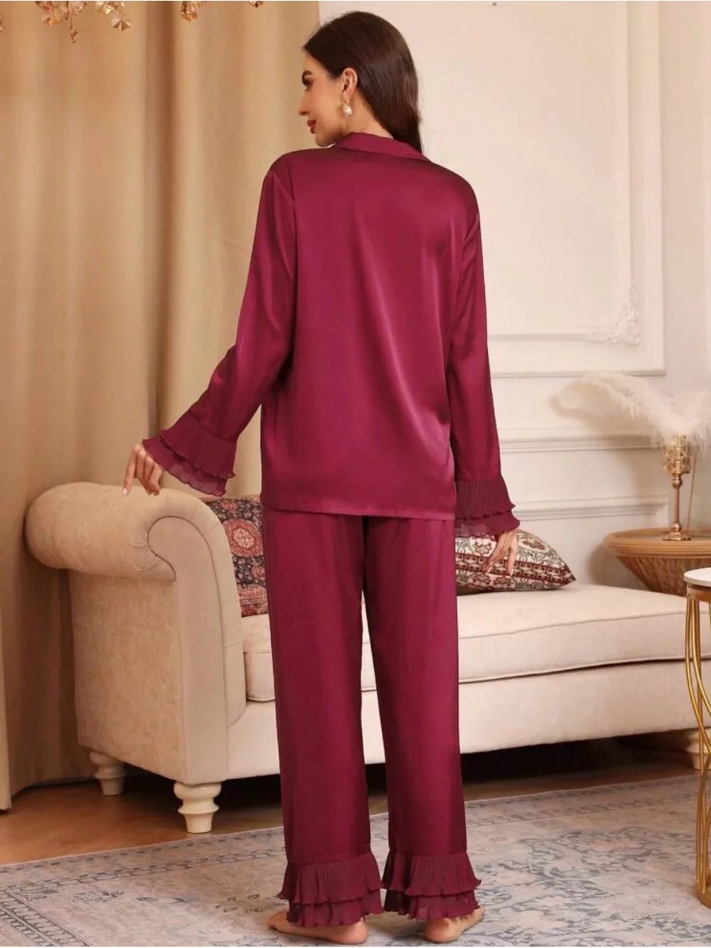 Silky Burgundy Women's Pajama Set - Elegant Long-Sleeve Sleepwear